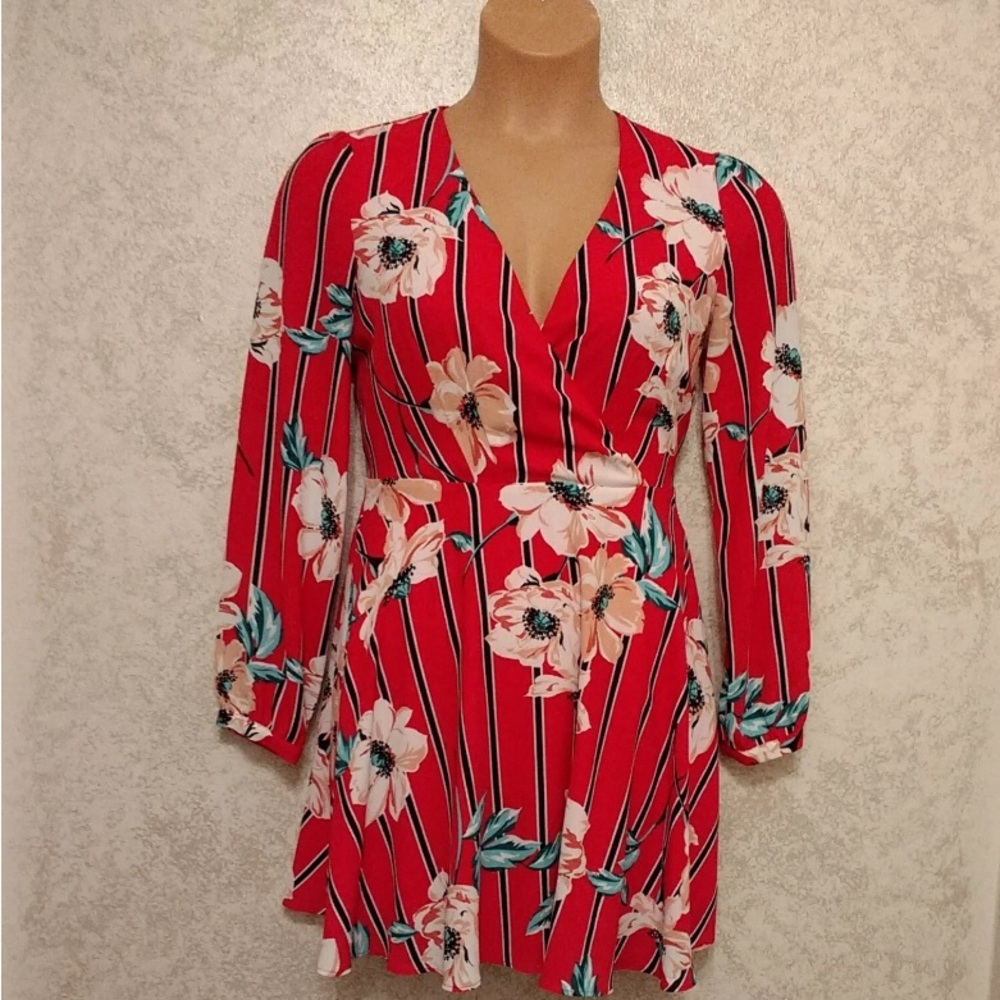 Express Multicolored Floral Striped Long Sleeve Dress